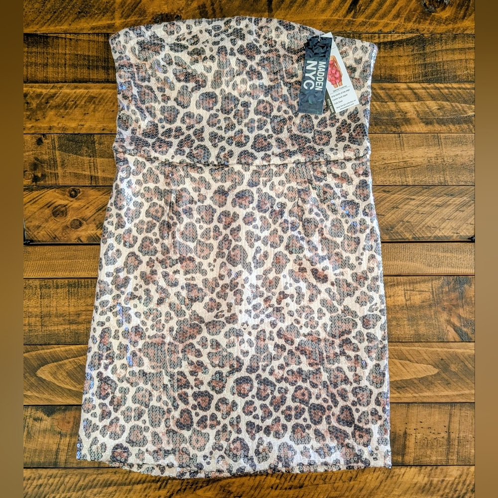 Madden NYC Women's Leopard Print Sequin Mini Tube Lined Dress Size Medium NWT